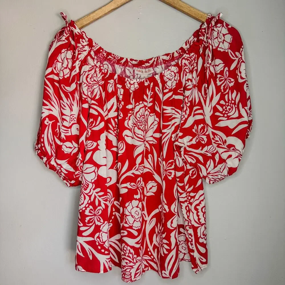 Knox Rose Red White Floral 2pc Set Off Shoulder Top & Midi Skirt Size M